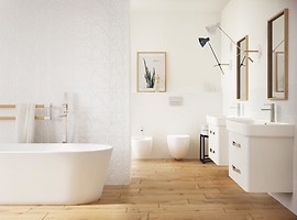 Białe płytki strukturalne z motywem roślinnym w łazience - nowoczesna ...