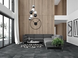 Szare płytki imitujące beton na podłodze w salonie - nowoczesny salon - BETON ...
